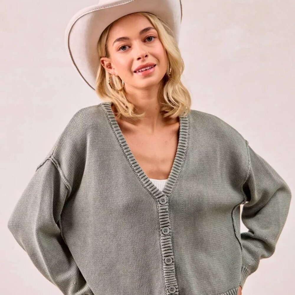 BiBi Washed Sweater V Neck Cardigan‎